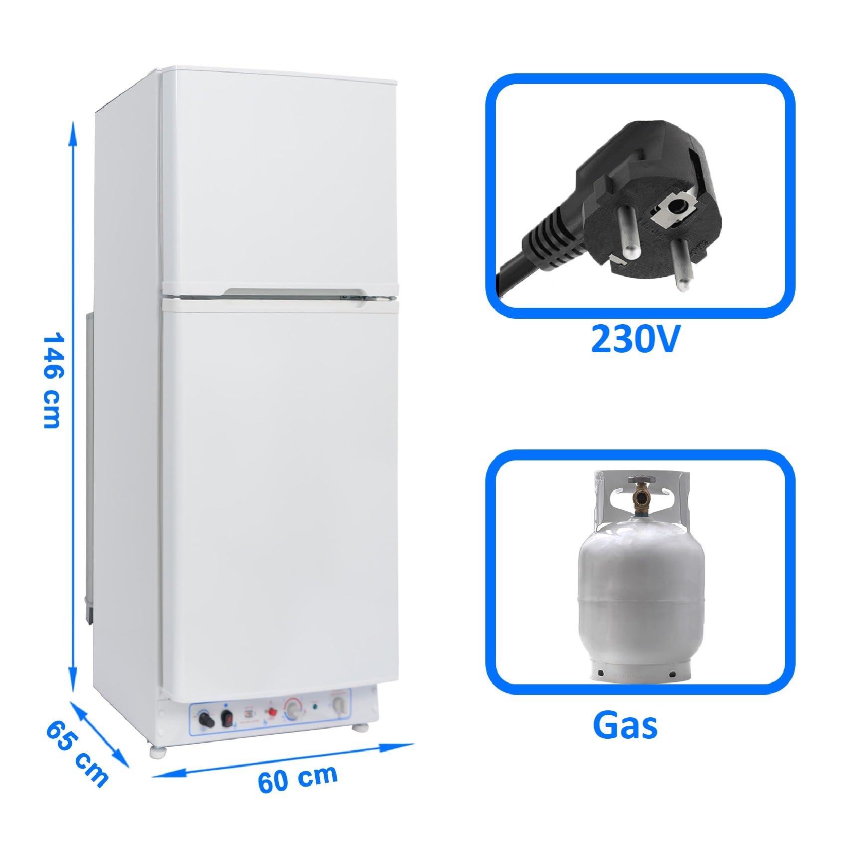 Gas Kühlschrank mit Gefrierfach, 185L, Kühl-Gefrier-Kombinationen, Gas/230V, Kühlschrank Groß für Küche, Outdoor, Wohnmobil, Reisen, Weiß