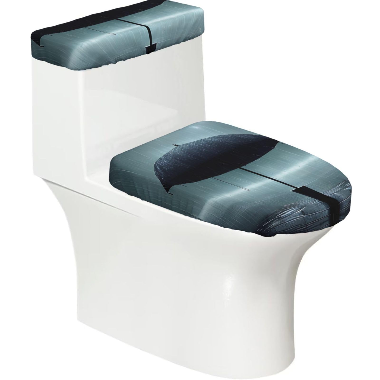 Black Umbrella in the rain Elastic Toilet Cover Set of 2-Stretchy Lid and Tank Covers for Bathroom, Soft Washable U Shape Toilet Decor