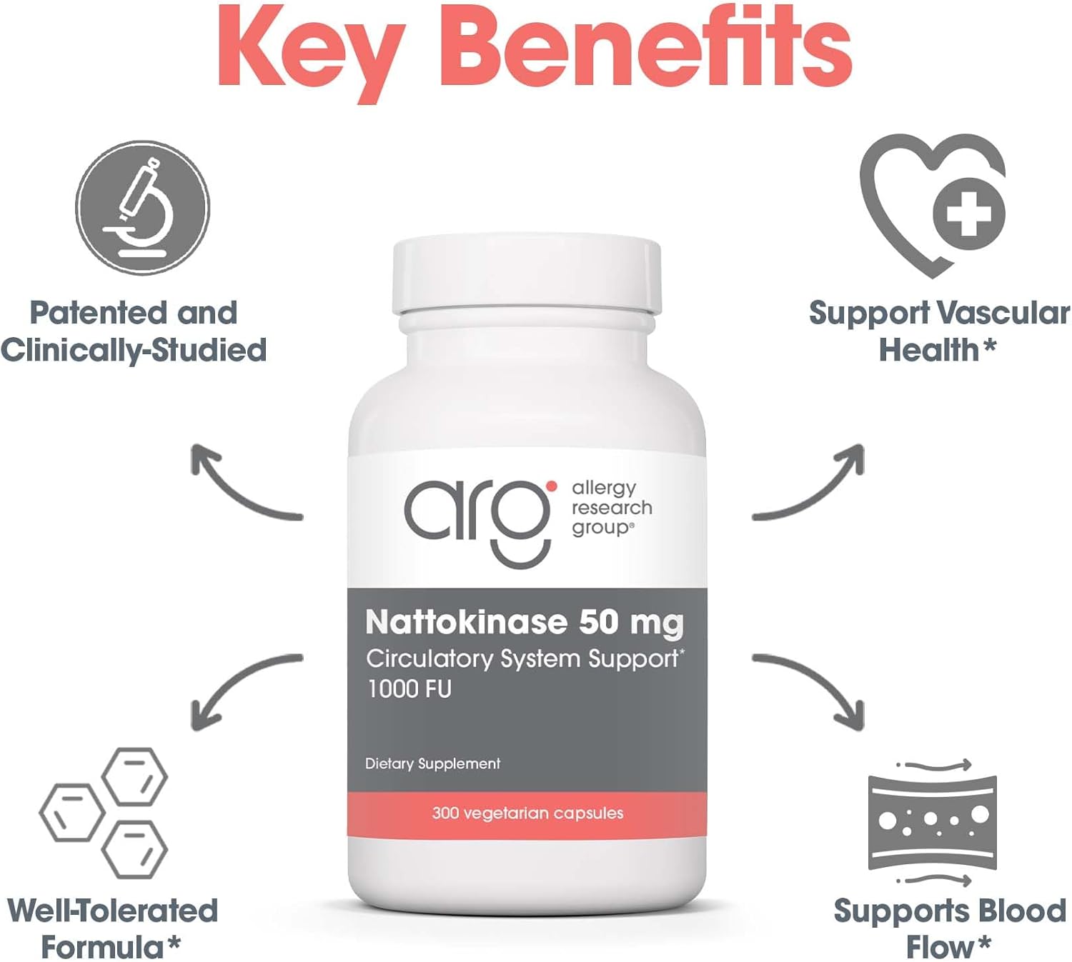 Allergy Research Group ARG Nattokinase 50 mg - Supplement to Support Healthy Circulation - Delivers 50 mg Nattokinase NSK-SD from Fermented Soybeans per Serving - 150 Servings - 300 Capsules