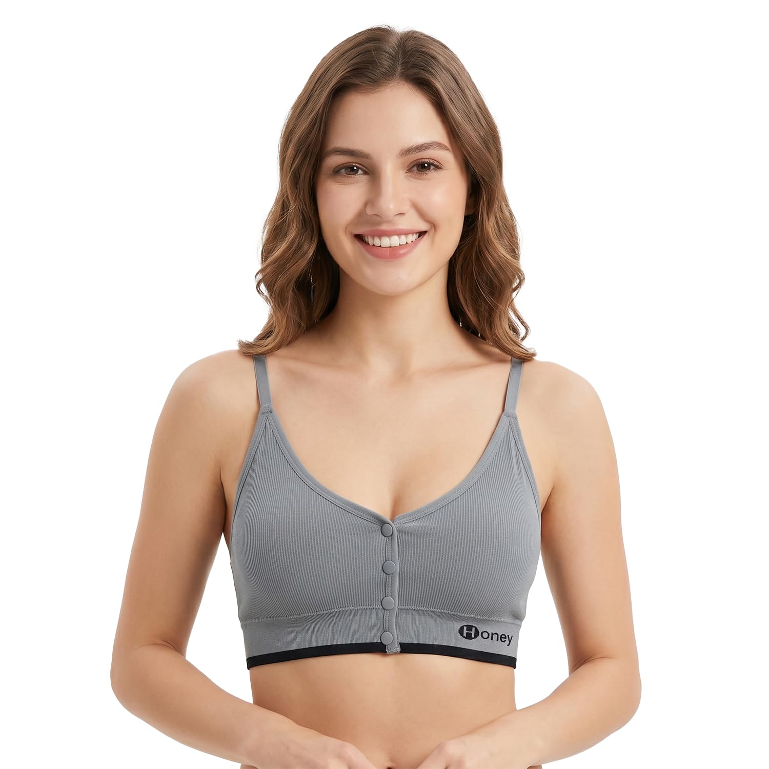 Women's Ribbed Bralette with Front Open Buttons, Wireless Comfort Lounge Bra, V-Neck Seamless Bra with Adjustable Straps & Removable Pads (Free Size : 28 to 34)-picture-24