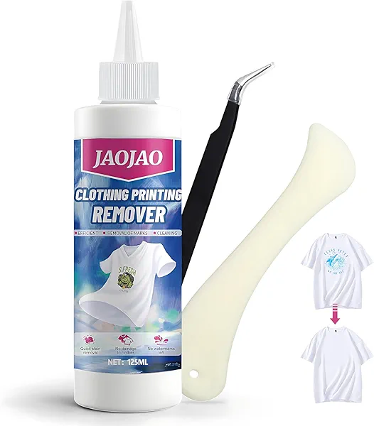 JAOJAO Vinyl Remover for Heat Transfer Vinyl, Rapid Remover Quick Results No Damage to Fabrics Suitable for T-Shirts Canvas Hats DIY Heat Transfer Cleaning Tool, 125ML