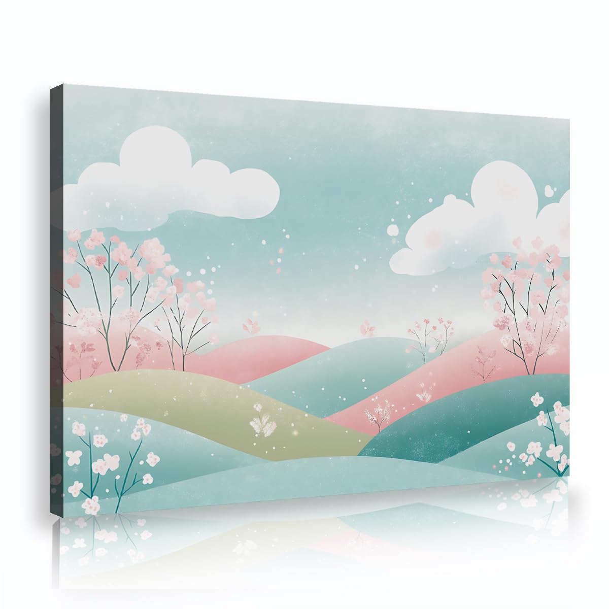 TOANGWALL Cute Cartoon Hills Framed Canvas Wall Art Sweet Pastel Clouds Pink Cherry Blossom Trees Landscape Picture Stretched Printed Poster for Kids Nursery Playroom Decor 75x115cm