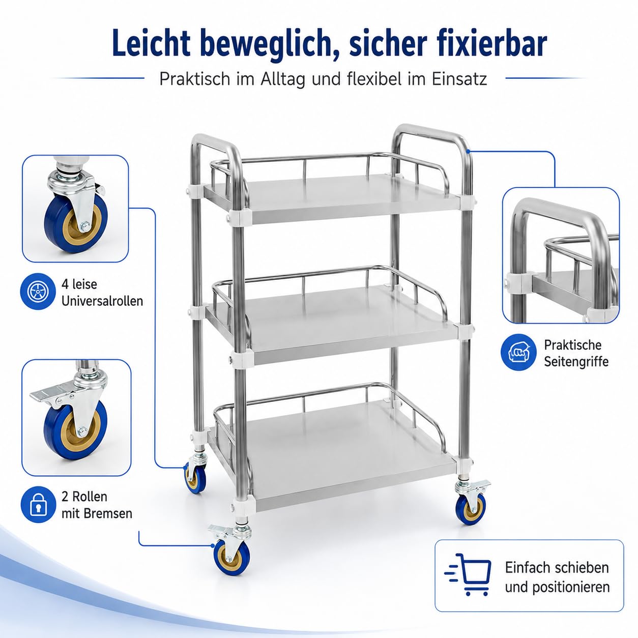 Carro de servicio de acero inoxidable con 3 niveles, 50 x 40 x 86 cm, carrito de cocina con 4 ruedas universales, 2 frenos, 25 kg por nivel, carrito de transporte para cocina, laboratorio