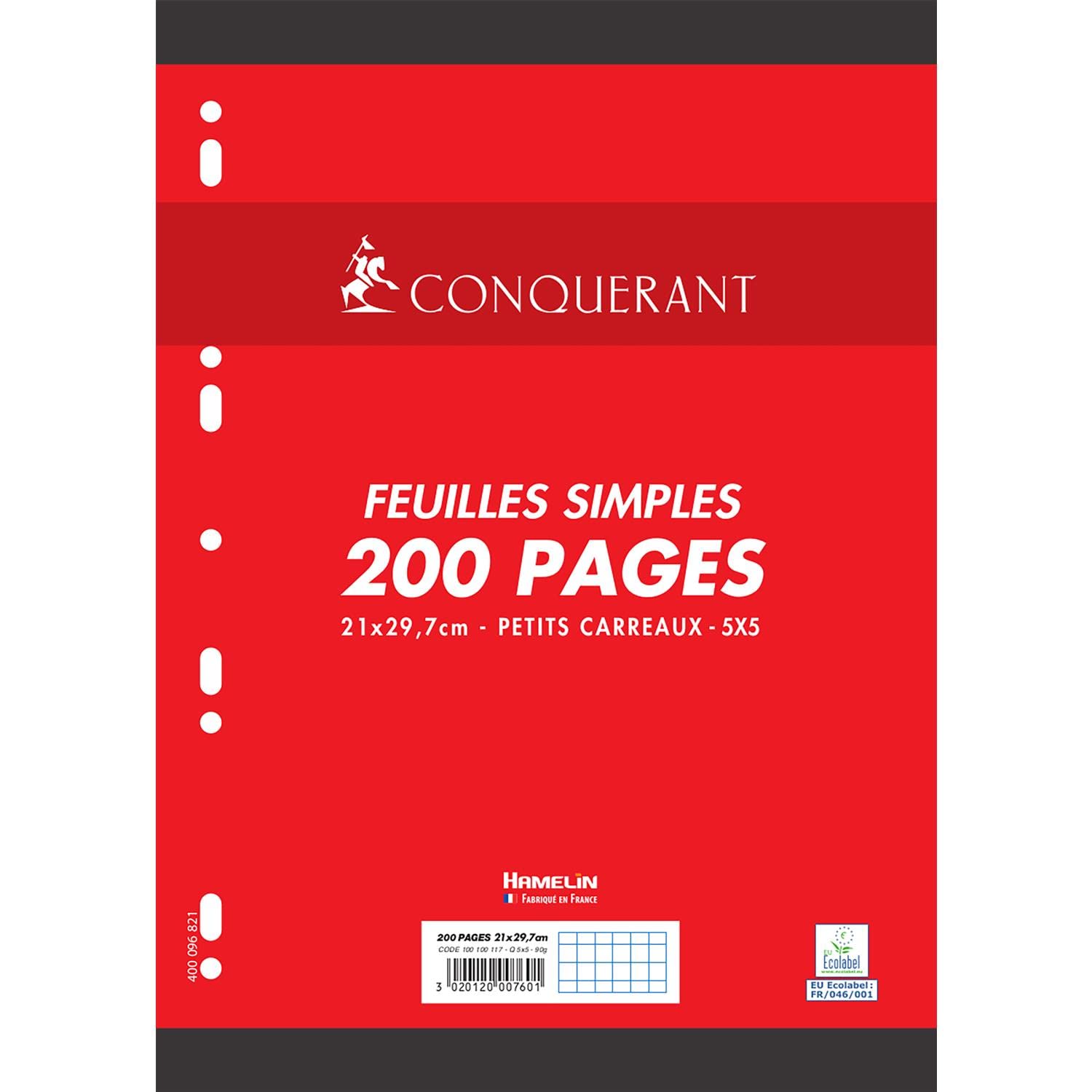 CONQUÉRANT Lot de 10 Feuilles Simples 200 Pages A4 90g Petits Carreaux