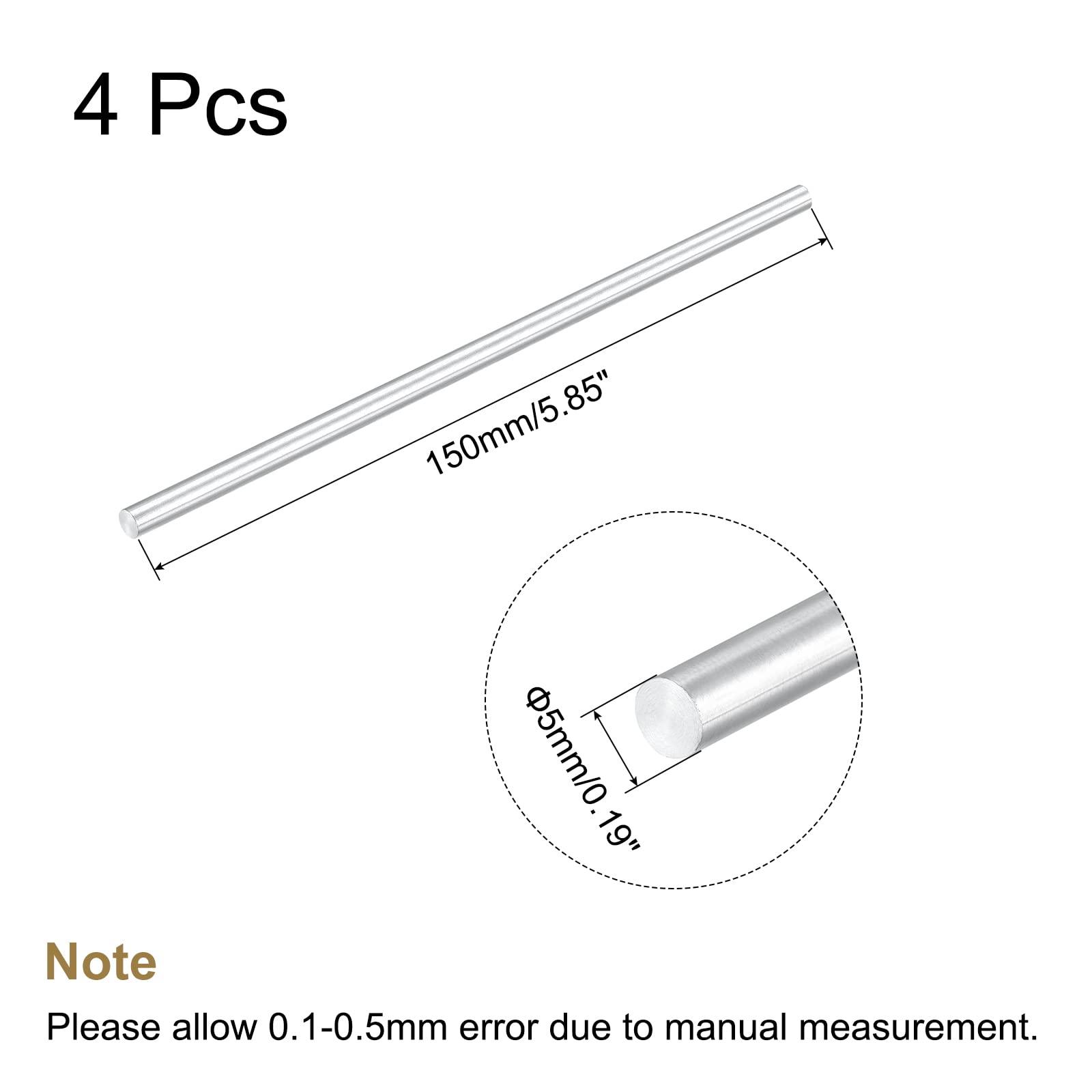 MECCANIXITY Round Solid Aluminum Rod 5mm Diameter 150mm Length Lathe Bar Stock for DIY Craft Pack of 4