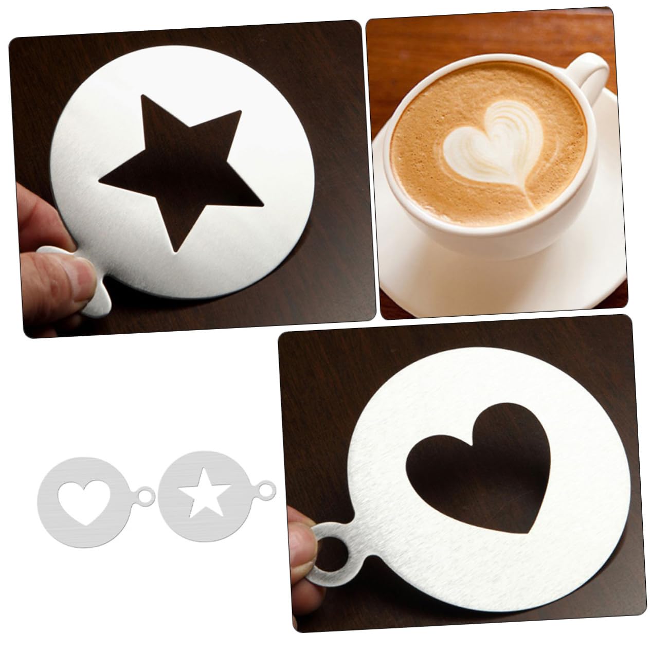 SHOWERORO Coffee Stencils Set Stainless Steel Latte Art Molds Heart Star Stencils Sugar Sieve