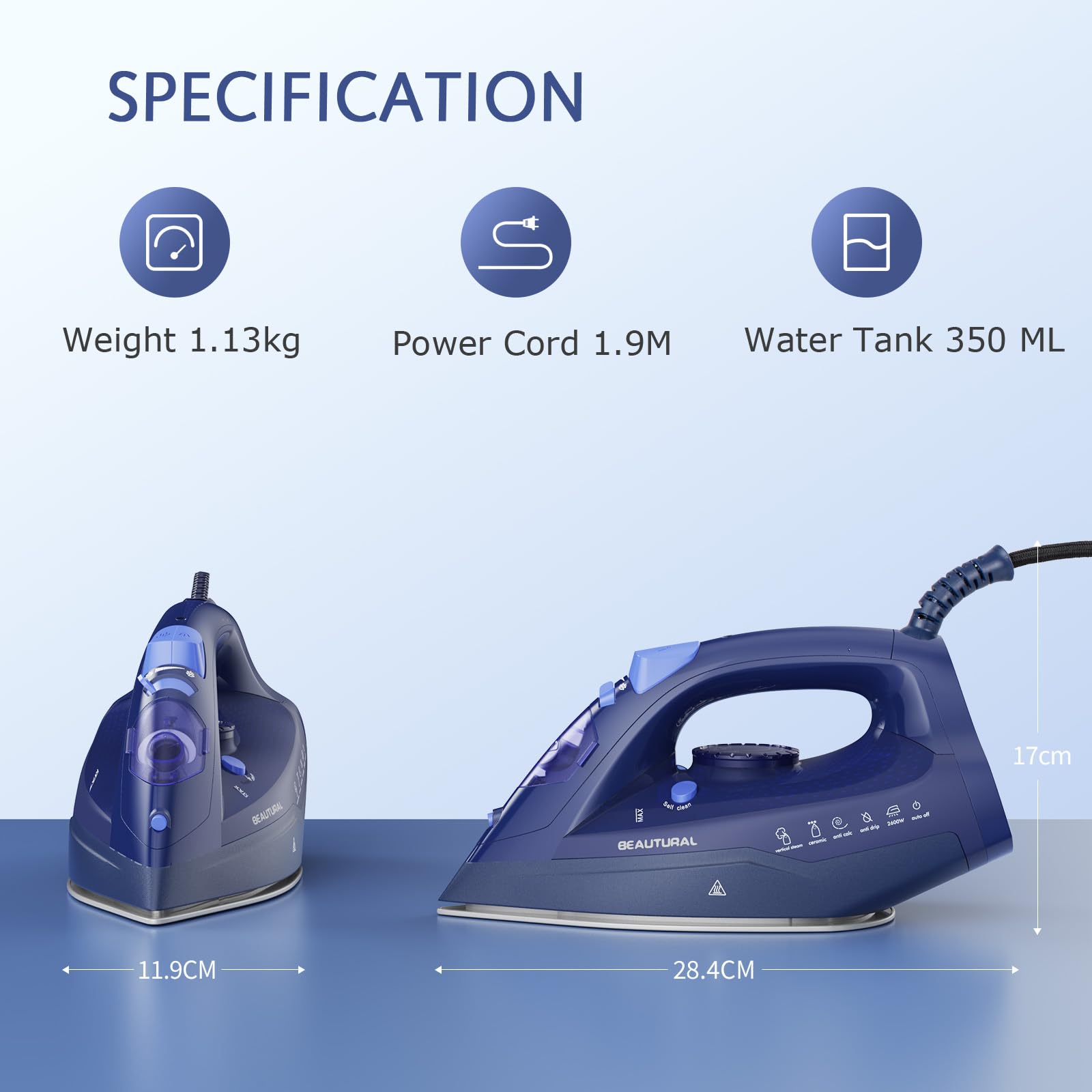 BEAUTURAL Ferro da Stiro per Vestiti con Termostato di Precisione, Piastra in Ceramica, Spegnimento Automatico, Autopulizia, Anticalcare, Antigoccia e Protezione dal Surriscaldamento, 2600W