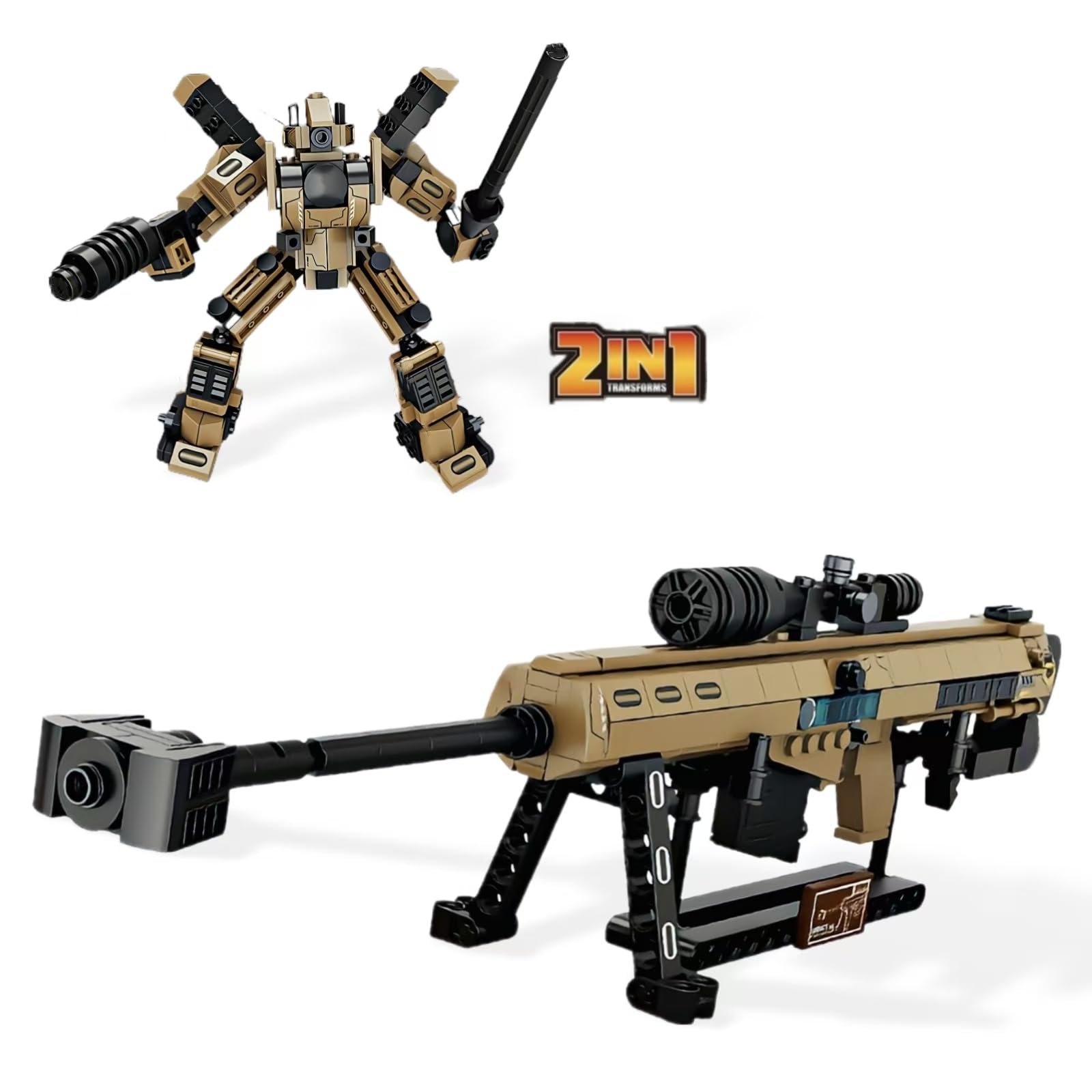 WULOBOOI Barrett Gun Building Blocks Set, 2 in 1 Assembling Gun or Mech Model, 369 Pieces Bricks Military Weapon Toy Set Gift for Adults Firearm Fans