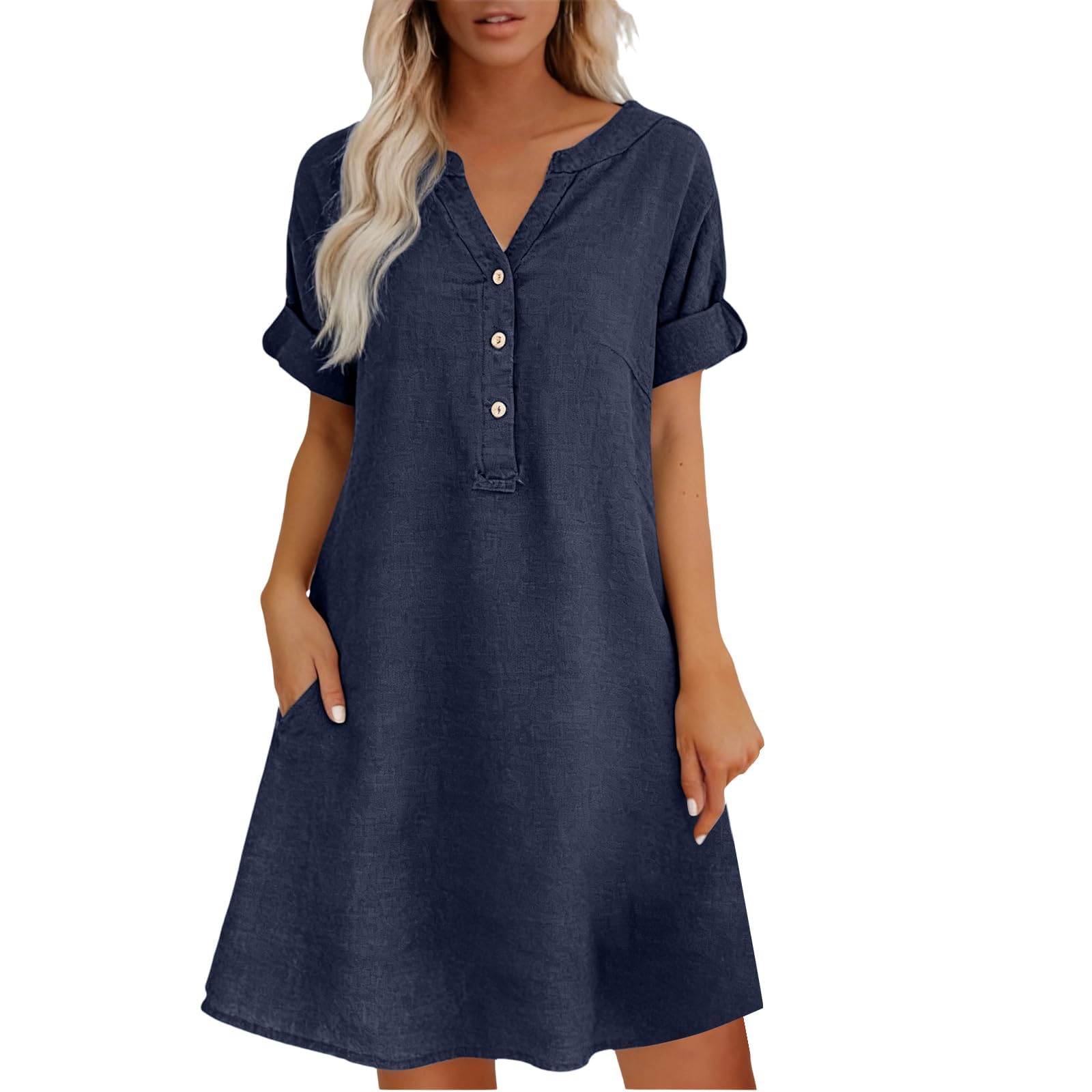 Ropa Verano Mujer, Vestidos Mujer Verano, Vestido De para De Algodón Y Lino Color Liso Cuello En V Manga Corta Estilo Casual Largo hasta La Rodilla Tipo Camiseta Ligero Vaporoso Estilo Camisero Corte
