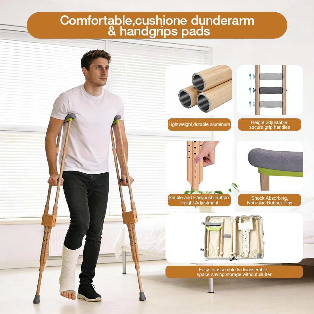 Lightweight Aluminum Wood Grain Cane Crutches for Adults & Elderly (5.92ft-6.75ft Height Fit) – Adjustable, Built-in Storage, 250lb Capacity, Mobility Aid for Walking Support