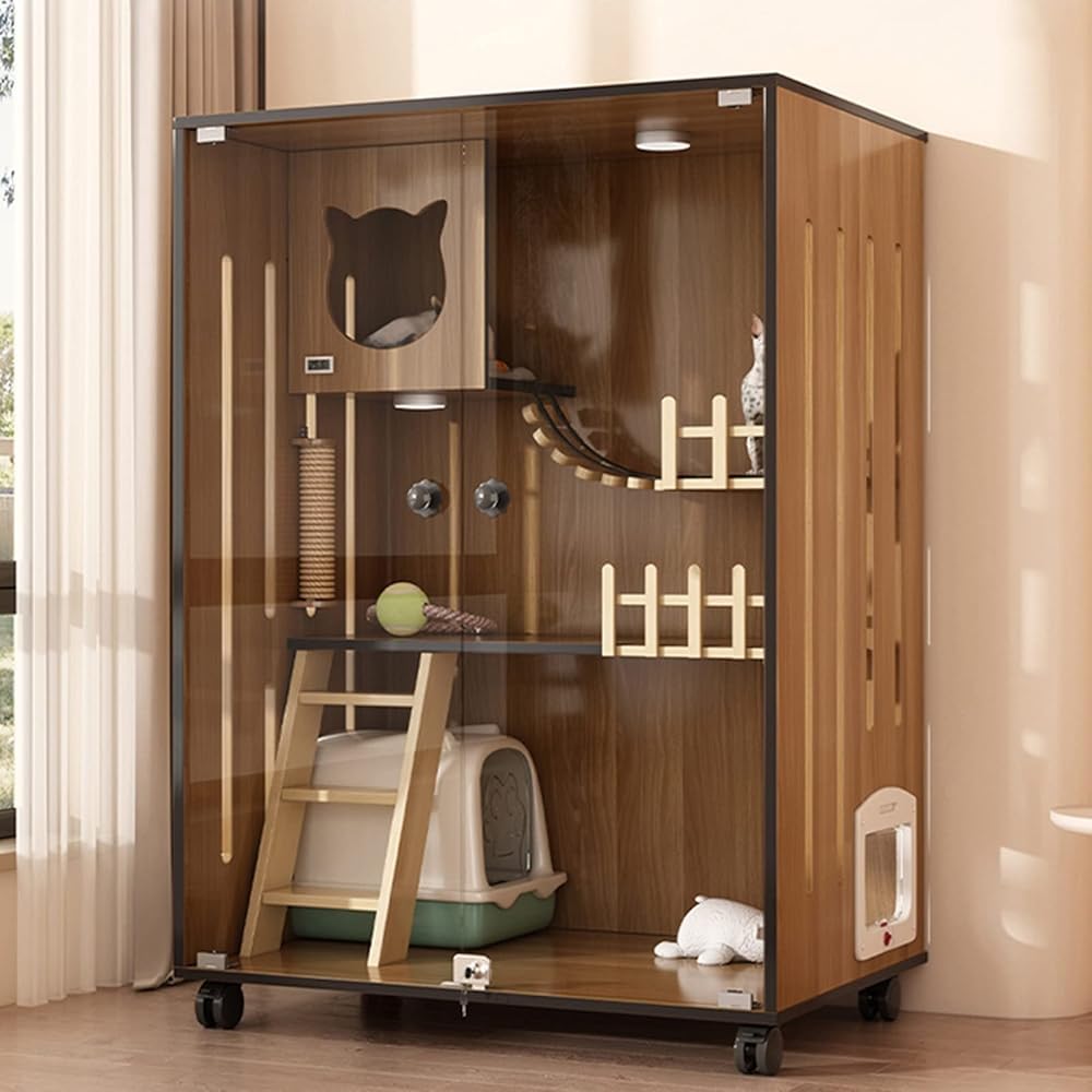 Recinzione per gatti, grande casetta in legno per interni ed esterni, con porte di fuga e rotelle, gabbia per gatti chiusa multi-funzione, per casa e negozio di animali domestici