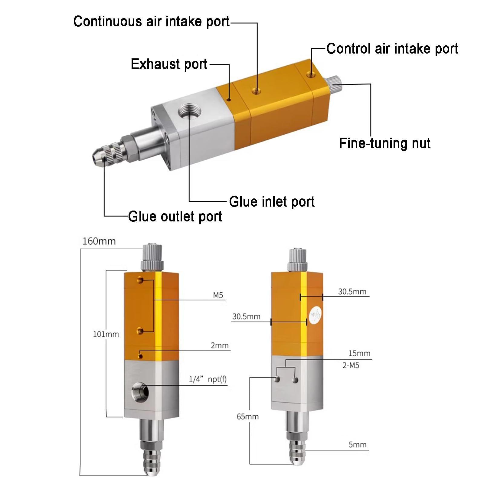 Pneumatisches Dosierventil, Präzisions-Saugdesign für Klebstoffe, UV-Kleber, Tinten, Anti-Tropf, Innendurchmesser 2,5 mm
