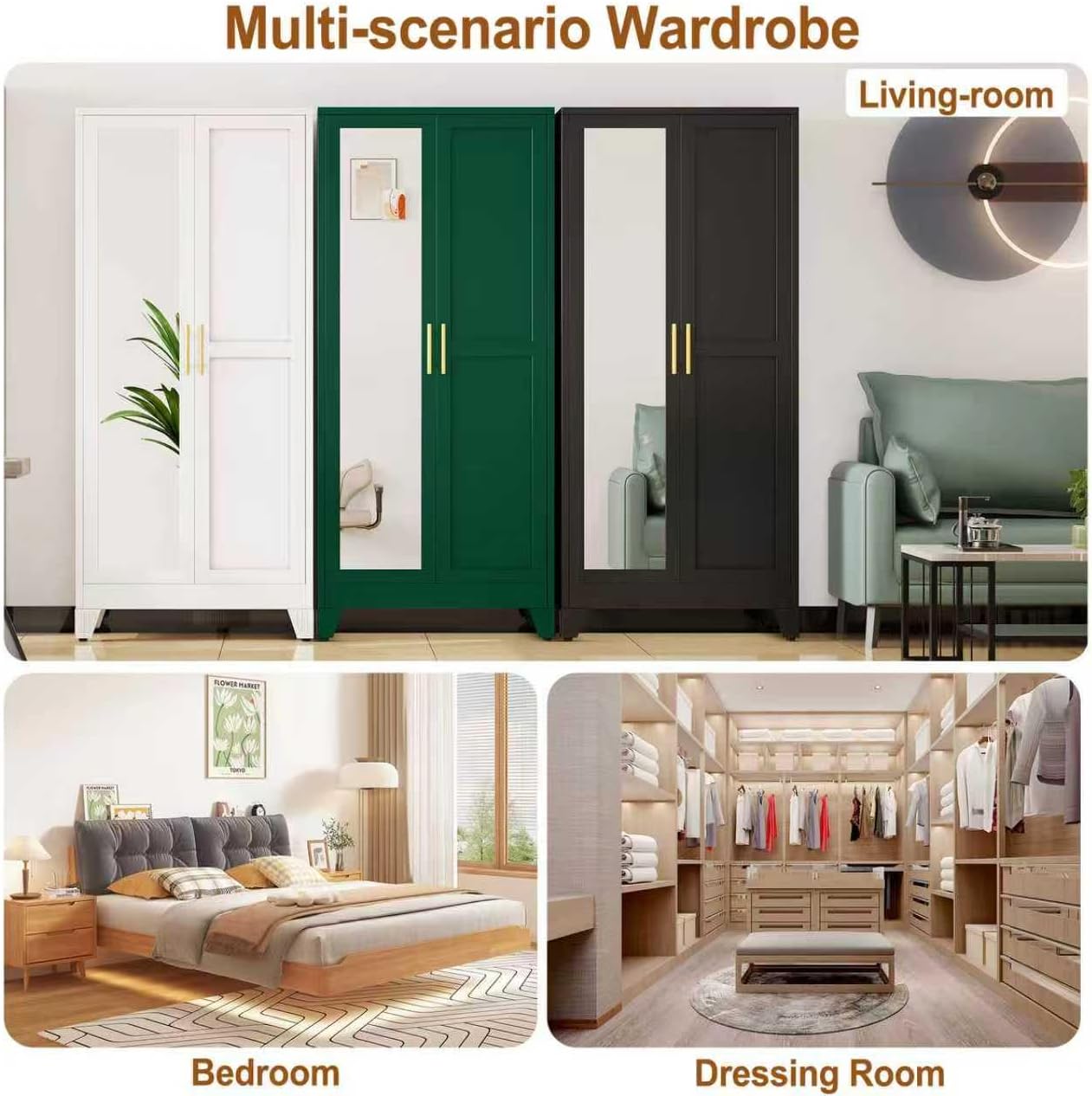 Metal Armoire Wardrobe Closet Storage Cabinet with Mirror Green, 71'' Wardrobe Cabinet with Hanging Rod Metal Closet with 2 Adjustable Shelves for Bedroom, Laundry Room, Cloak Room