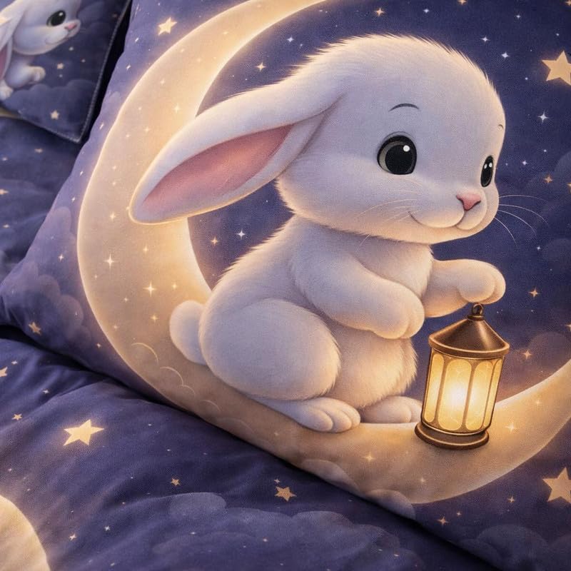 Image of DECOR WELL Premium 7D Digital Print Polycotton Double Bed Sheet with 2 Matching Pillow Covers - Soft, Wrinkle-Resistant & Vibrant Bedroom Decor - Moon Rabbit 2