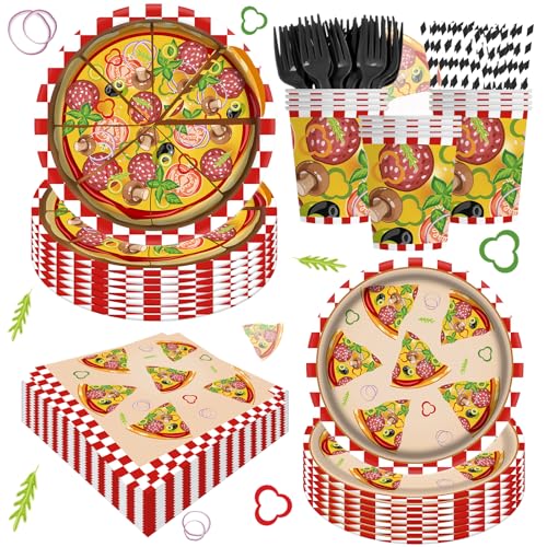 Kilyparty 120pcs Pizza Party Supplies Tableware Set for 20 Guests Pizza Birthday Party Paper Plates Napkins straws Decorations Favors for Kids Boys Girls Baby Shower