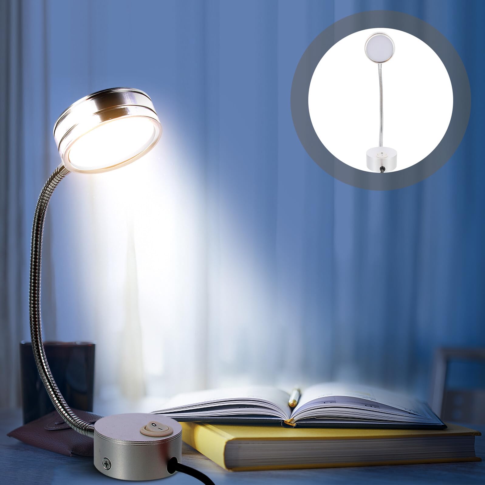 Lámpara de Lectura para Cama LED de Pared, Luz Decorativa de Aluminio Plata Cuello Cisne Flexible, Fácil de Usar para Dormitorio y Pasillo