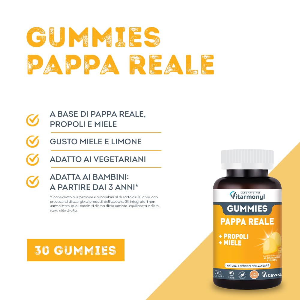 VITARMONYL PAPPA REALE GUMMIES - Con Propoli e Miele - Con Propoli e Miele - Facili da assumere - Per i Bambini +3 - Energia e Vitalità - 30 Gummies - Gusto Limone