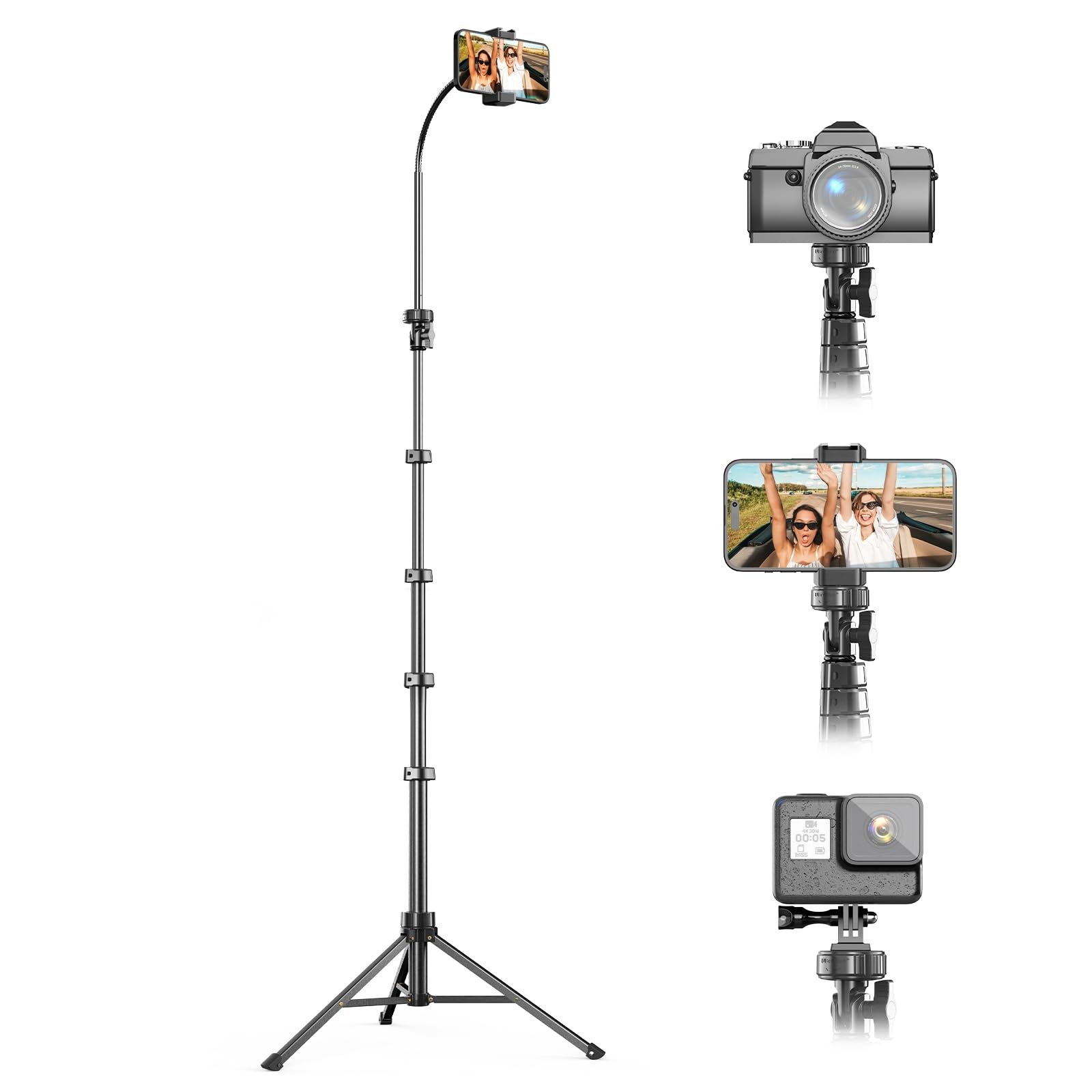 UBeesize 88’’ Flexible Phone Tripod with 14.95’’ Gooseneck, Remote and Phone Holder, Overhead Cell Phone Stand＆Selfie Stick for Video Recording, Compatible with iPhone Android Phone, Camera Black