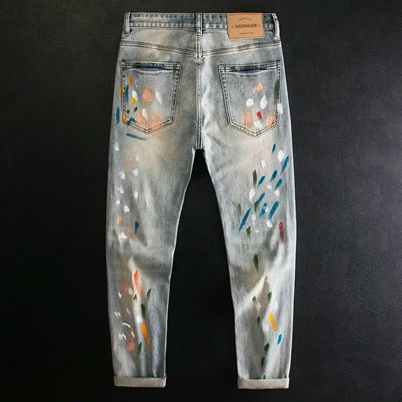 Street Men Jeans Retro Washed Blue Stretch Slim Fit Ripped Jeans Mens Painted Designer Hip Hop Splashed Denim Pants3