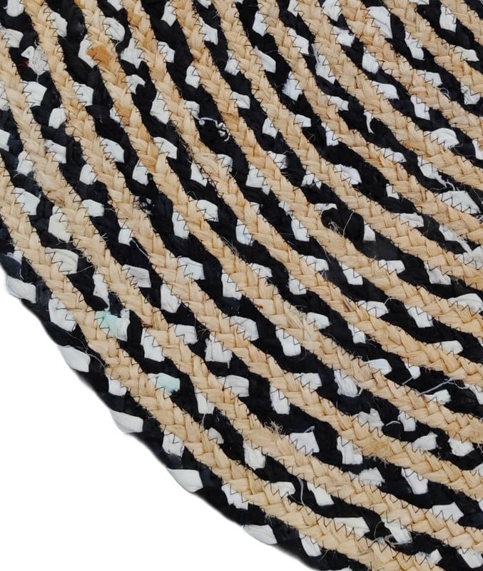 Tapis ovale en jute naturelle et coton noir blanc 1,2 x 1,8 m