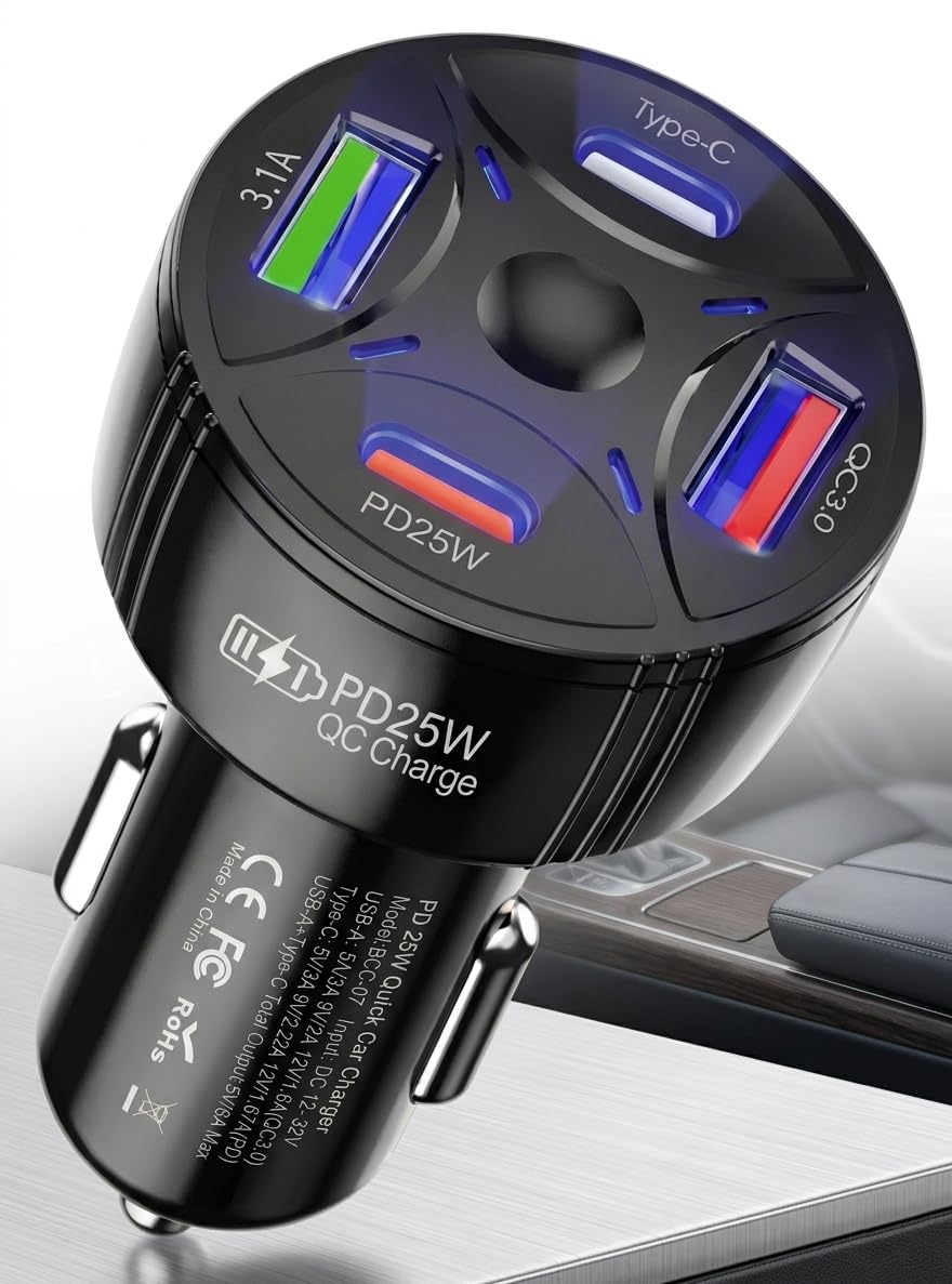 Super Şarj 4 Port PD25W, QC3.0, Araç Şarjı Çakmaklık, 2x Usb 2x Type-C, Çoklayıcı, 12-24V, 5V/6A Max,