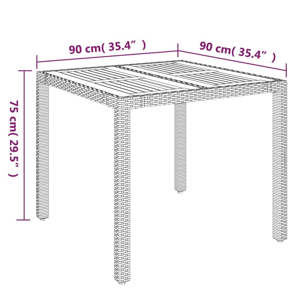 Mesa de jardín con tablero de madera gris, 90 x 90 x 75 cm, de ratán de polietileno resistente a la intemperie y acero pulverizado, altura regulable, ahorra espacio, ideal para terraza, balcón