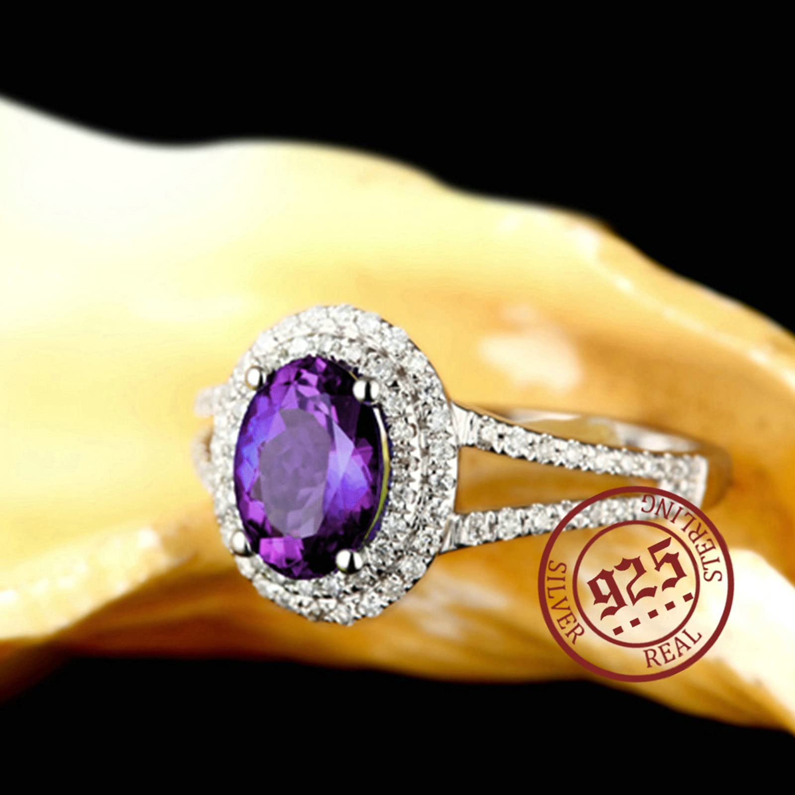 Daesar - Anillo de Mujer de Plata de Ley,Anillos Boda 4 Garras Oval con Circonita Púrpura Blanca Talla 7(47mm)-25(65mm)