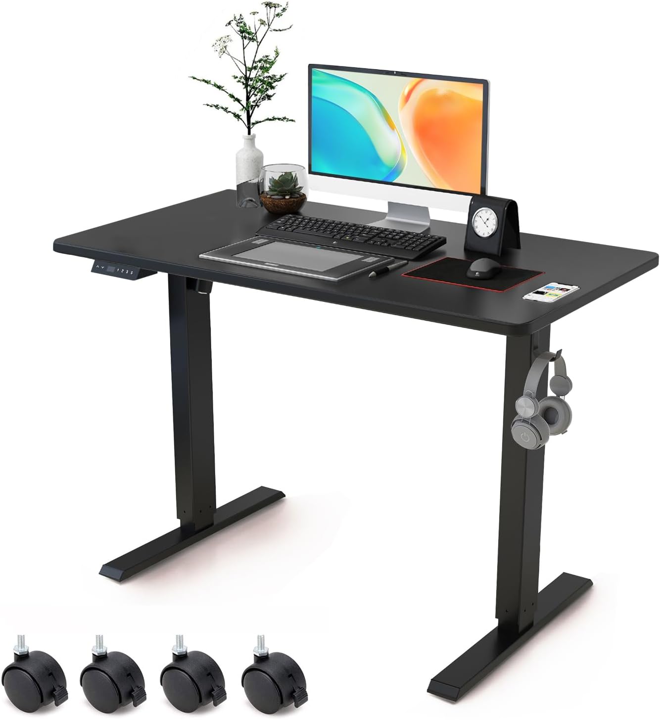 Electric Standing Desk Adjustable Height - Rolling Sit to Stand Desks on Wheels - Mobile Standup Computer Table 40 Inch Black One Piece Desktop and Rising Frame with Storage for Home Office & Gaming