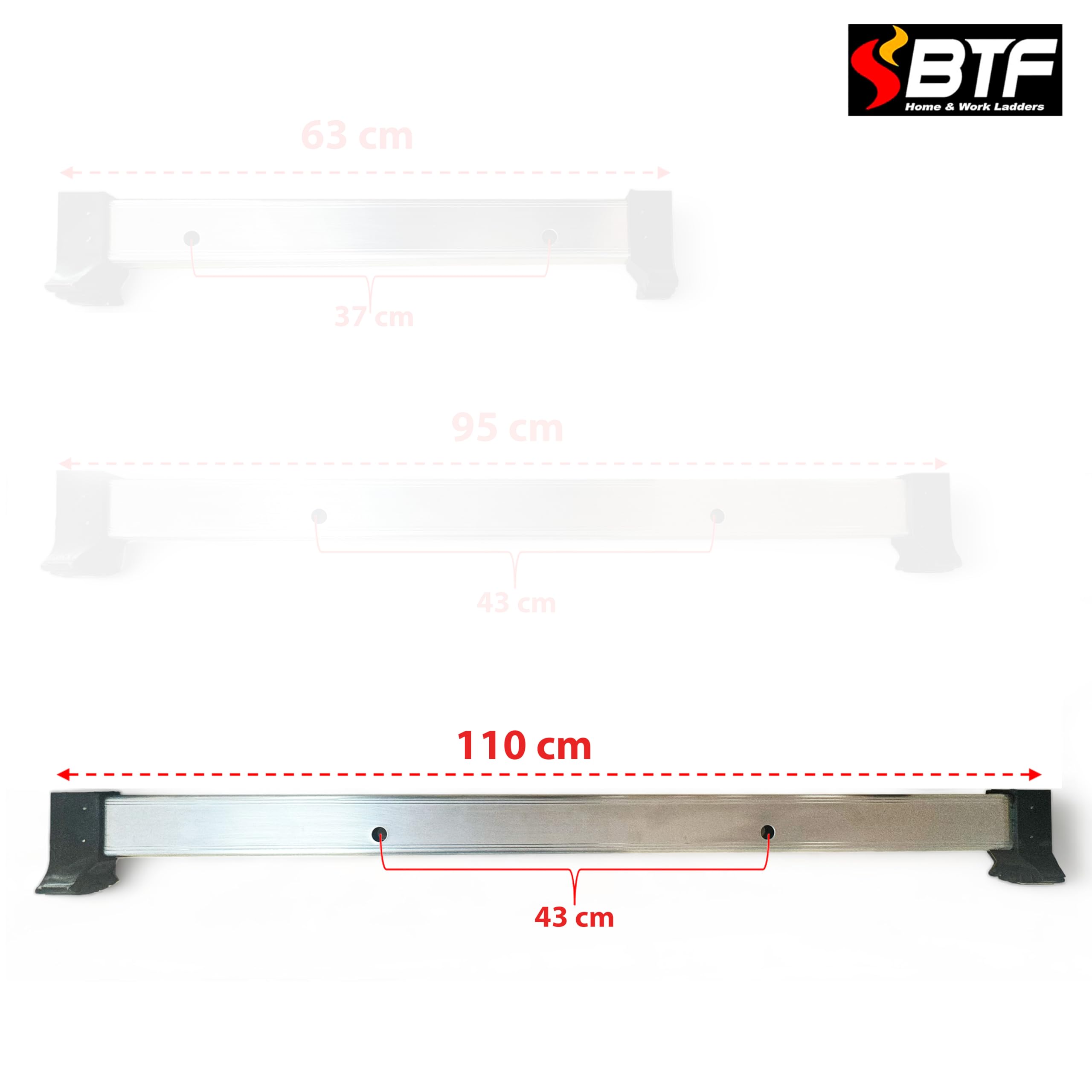 BTF | Base Estabilizadora Escaleras Industriales 110 cm de Largo, Perfil 65x25 mm | Distancia Entre Agujeros 435 ± 5 mm | 2 o 3 tramos por Encima de los 3,0 Metros de Alto. BTF-BEST110