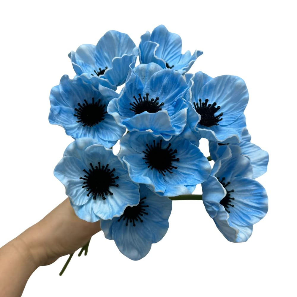 Rikyo 10 pcs Artificial Flower Light Blue Poppy Flowers, 11” Outdoor No Fade Multicolor PU Fake Wild Flower for Kitchen Table Centerpiece Vase,Home Greenery Wedding Holding Flowers Backdrop Arch Wall