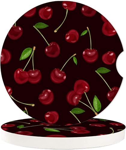 Posavasos absorbentes de cereza roja para automóvil, portavasos de copa con base de corcho con muesca para el dedo para un fácil movimiento del