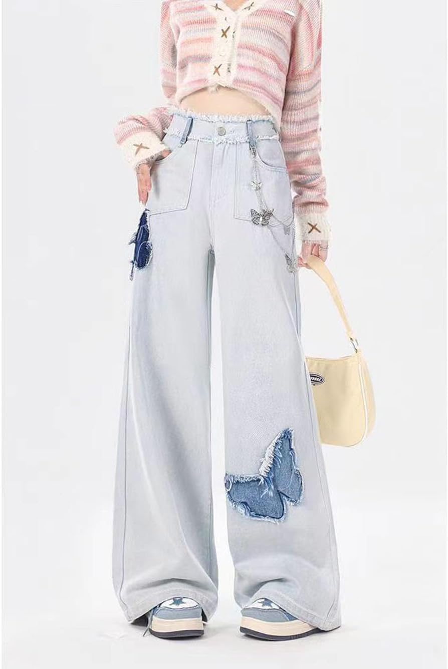 LAFOURAM Petite Jeans for Women 5 FT Short Wide Leg Baggy Y2K Butterfly Patchwork Denim Pants