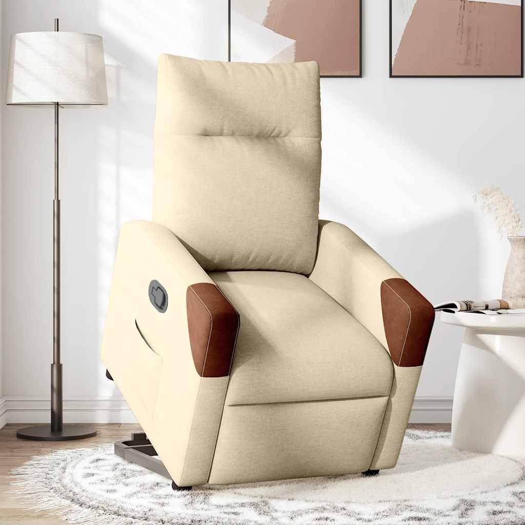 Sillón elevador eléctrico reclinable de tela color crema con función de elevación automática y reclinación manual a 135 grados, estructura estable de madera y metal, bolsillo