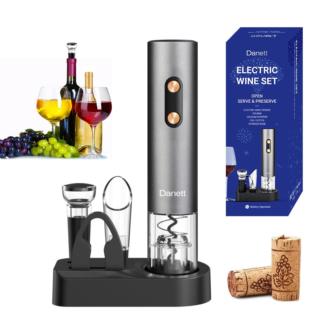 Danett Automatic Electric Wine Opener Gift Set 5in1, Electric Wine Corkscrew,Wine Foil Cutter,Wine Pourer,Wine Vacuum Stoppers+Base,AL alloy body&Gold Buttons Anti-fingerprint,LED Light Bin-Grey