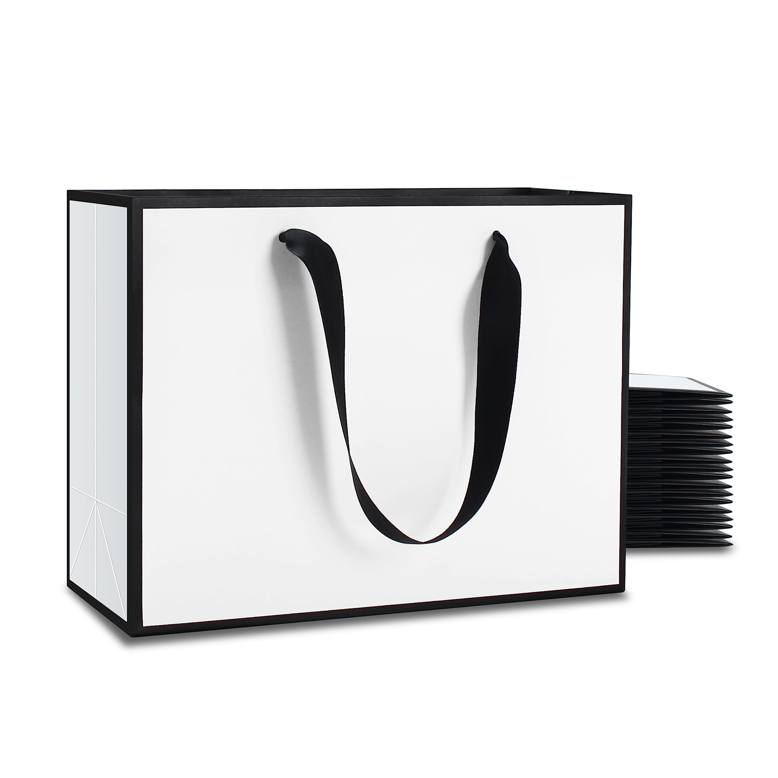 KASTWAVE Black and White Gift Bags - 20Pcs Medium Size 27x8x21 CM With Ribbon Handles - Thick Paper Boutique Bags for Wedding, Birthday, Welcome