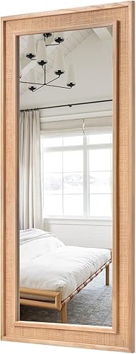 Espejo de pared de ratán de 24 x 32 pulgadas, con marco de madera, espejo colgante de baño, espejo de pared rectangular decorativo apoyado contra