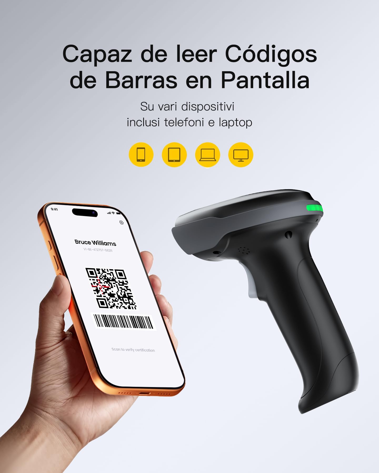 Inateck Lector Código de Barras Inalámbrico 1MP 2D QR, Escáner Bluetooth con Base de Carga, 2 x 2000mAh Baterías Reemplazables para Almacén, Logística e Inventario