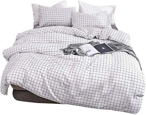 Juego de funda de edredón de cuadrícula negra y blanca, tamaño Queen, juego de ropa de cama reversible a cuadros para niños y mujeres, decoración