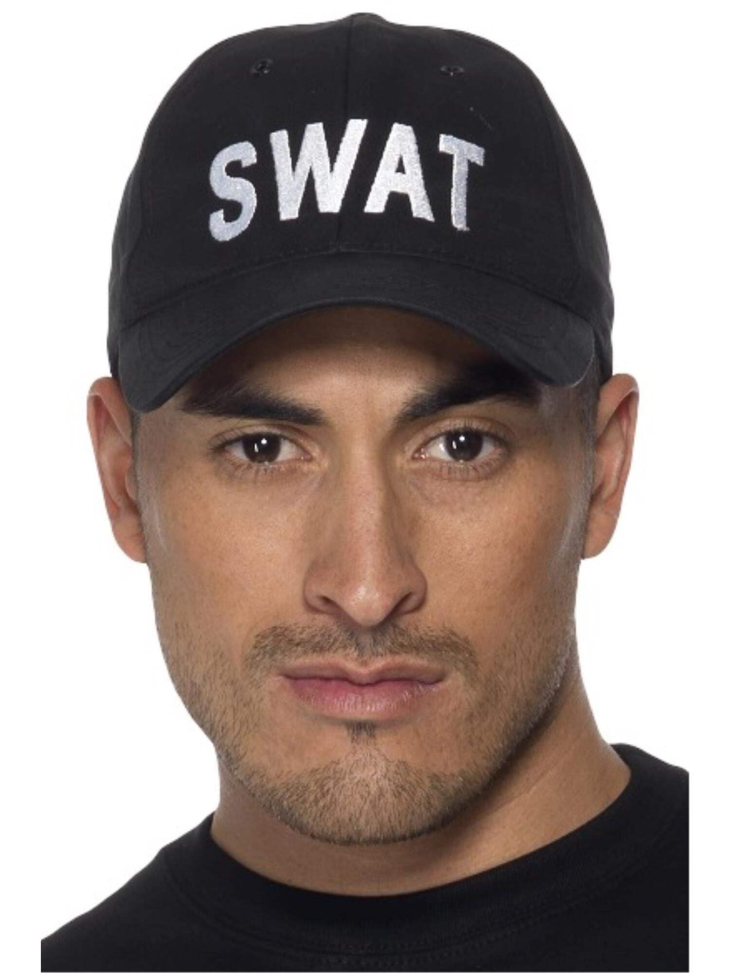 Smiffys SWAT Baseball Cap, Black with Embroidery, Cops & Robbers Fancy Dress, Cops and Robbers Dress Up Hats
