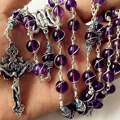 elegantmedical Handmade 925 Sterling Silver Wire Wrapped Amethyst Rosary Beads Necklace Cross & Gift Box3