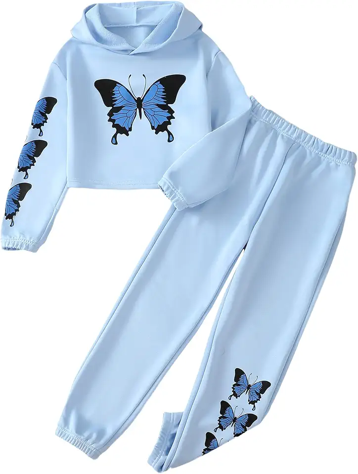 YOURUIKEY Girls' Clothing Set Butterfly Print Crop Top Hoodies Sweatpants 2 Piece Outfits Kids Sweatsuit Tracksuit Jogger Set
