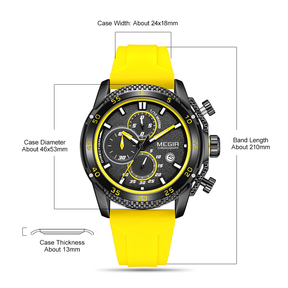 MEGIR Orologio sportivo da uomo, analogico, al quarzo, luminoso, con elegante cinturino in silicone, idea regalo, Giallo, Design elegante