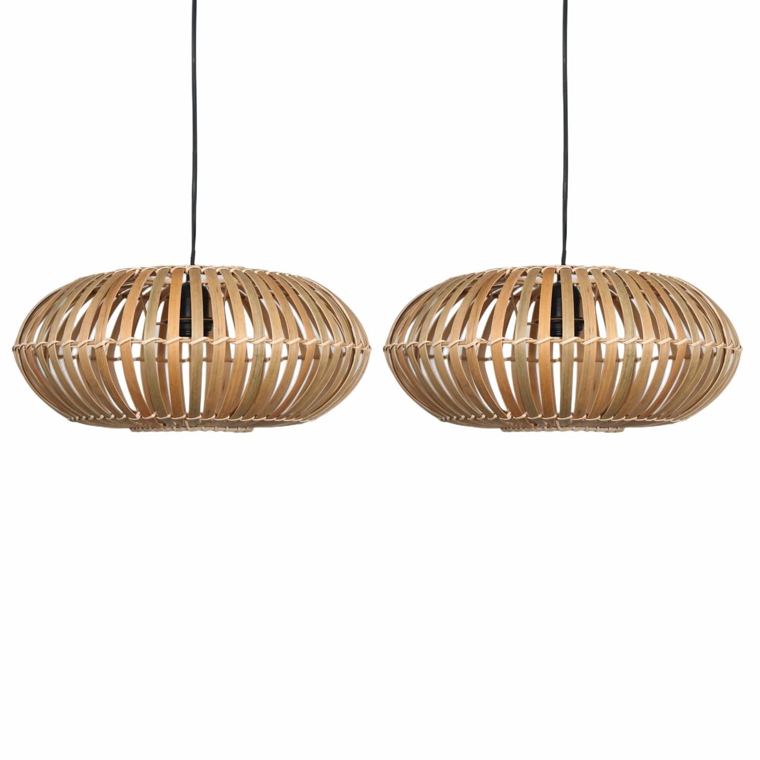 Set of 2 Natural Bamboo Ceiling Lightshades, Wicker Cane Easy Fit Pendant Shades, No Wiring Required, Height 18cm Diameter 39 cm