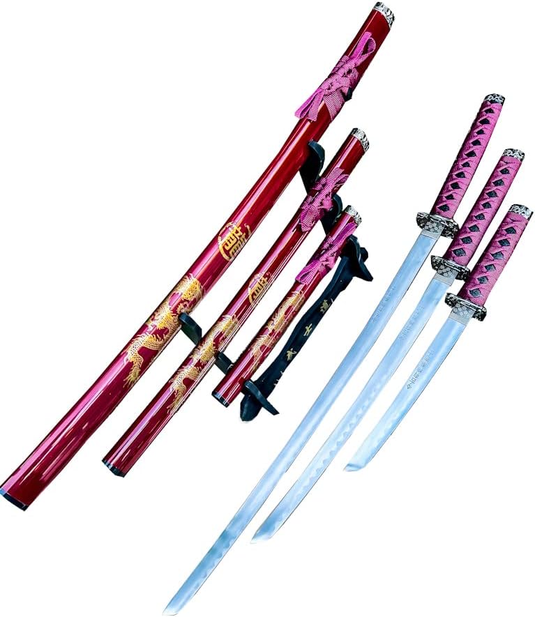 3pc Ninja Japanese Katana Samurai Sword Set Carbon Steel Blade Bushido Stand
