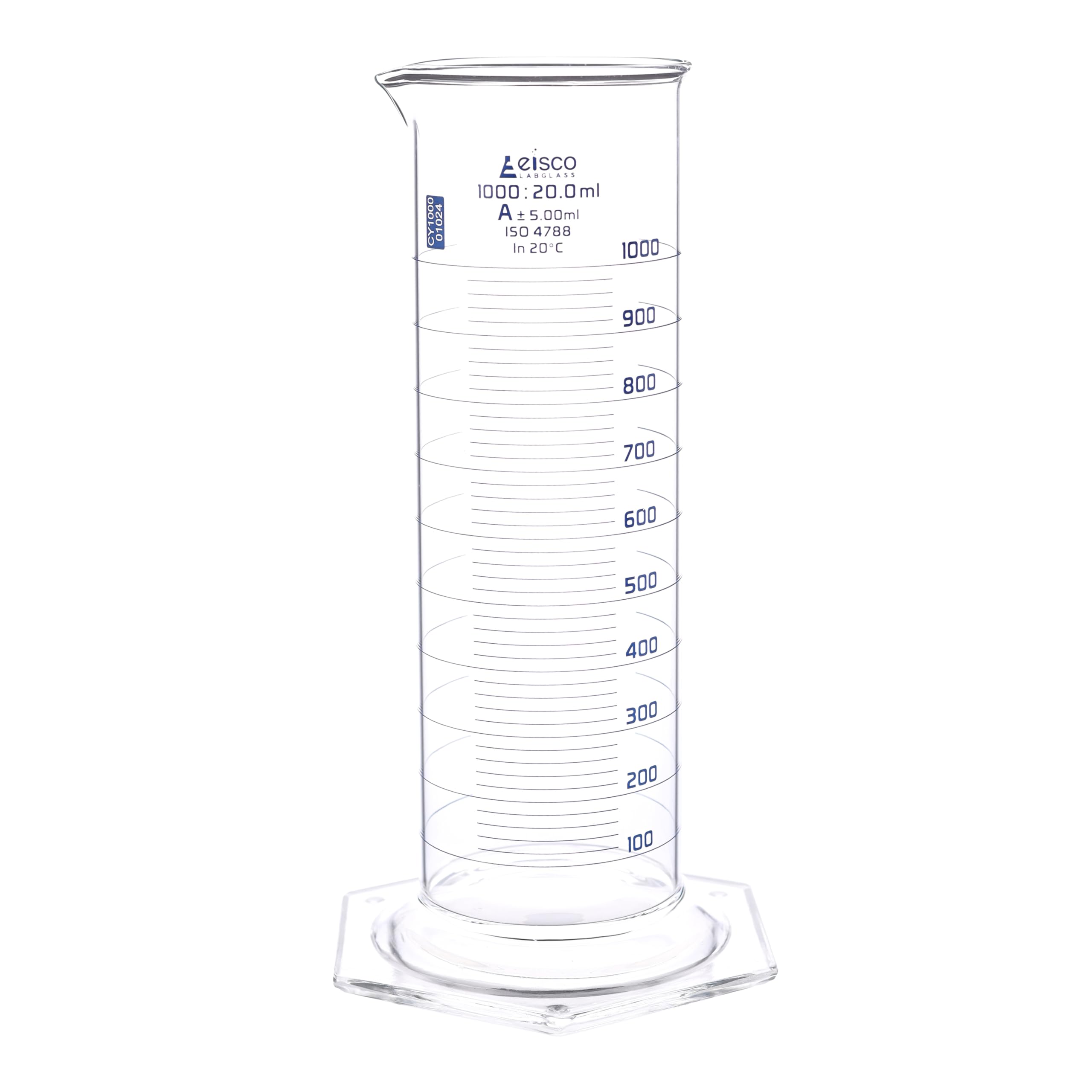 Eisco Labs - Cilindro de medición, 1000 ml, clase A, forma de sentadillas, certificado ISO 4788, cilindro de vidrio graduado para uso en laboratorio, medición precisa de líquidos, cristalería