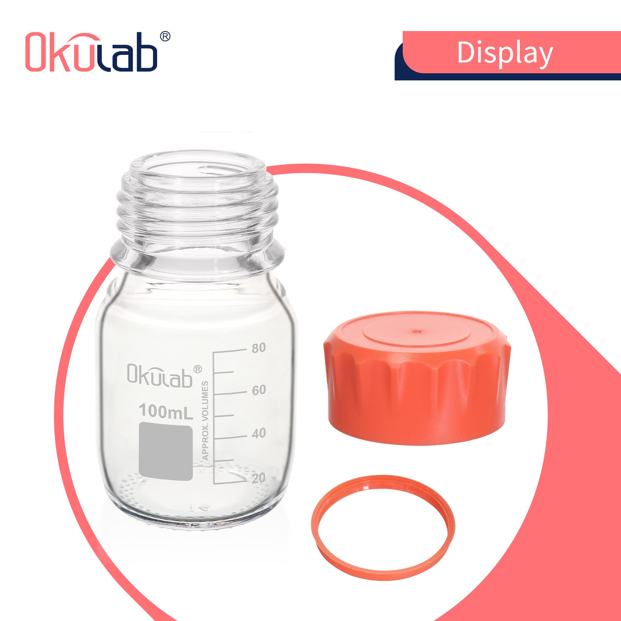 6 botellas redondas de almacenamiento de medios de 100 ml, vidrio de borosilicato 3.3, con tapas de rosca GL45 en material de polipropileno, GL45RB100A6
