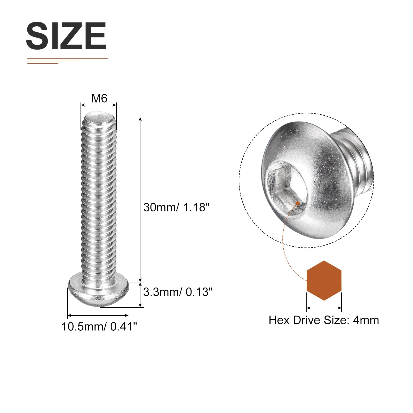 DTGN M6-1x30mm Button Head Socket Cap Screws - 10Pack - Good for Machine - 304 Stainless Steel 18/8 - Hex Drive Full Thread Fasteners - Image 2