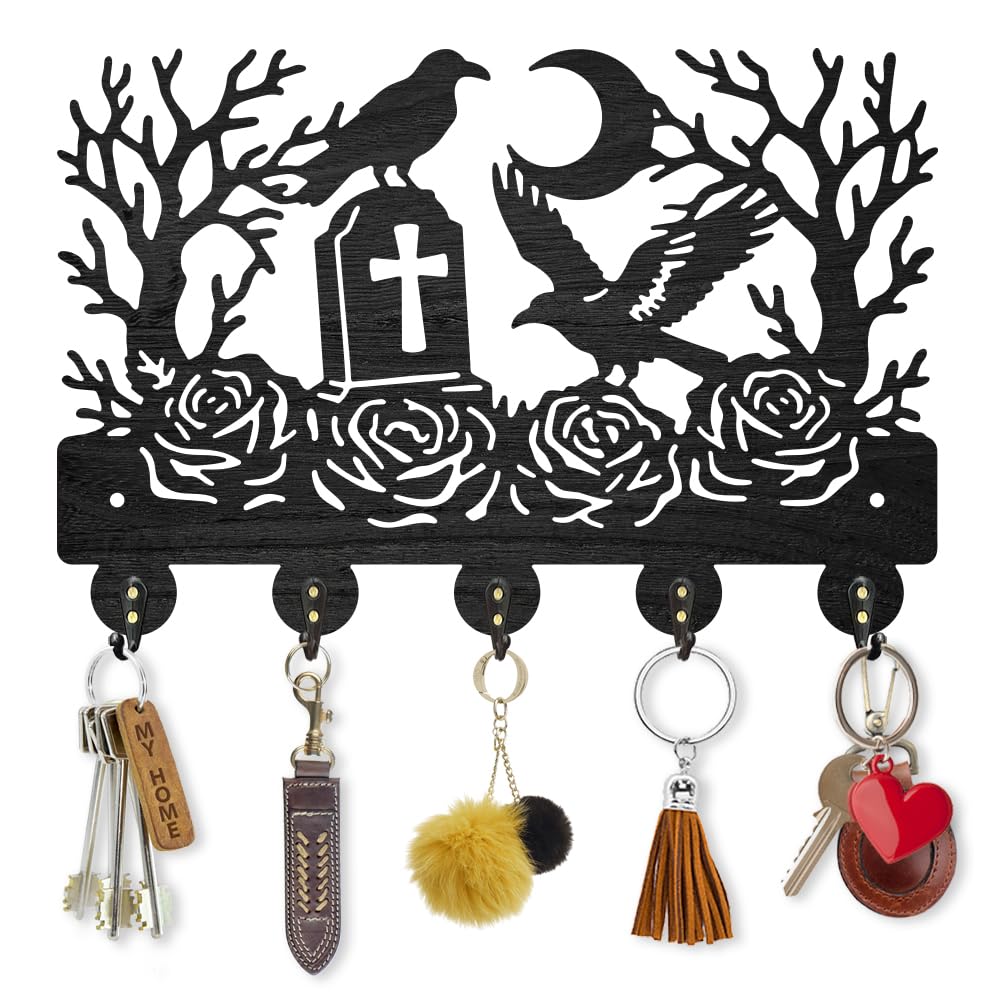 MAYJOYDIY Wooden Crows Key Holder Tombstone Roses Key Hanger for Wall 30×20 cm Moon Tree Decorative Wall Mount Coat Rack with 5 Alloy Hooks for Entryway Kitchen Office Bedroom Gift