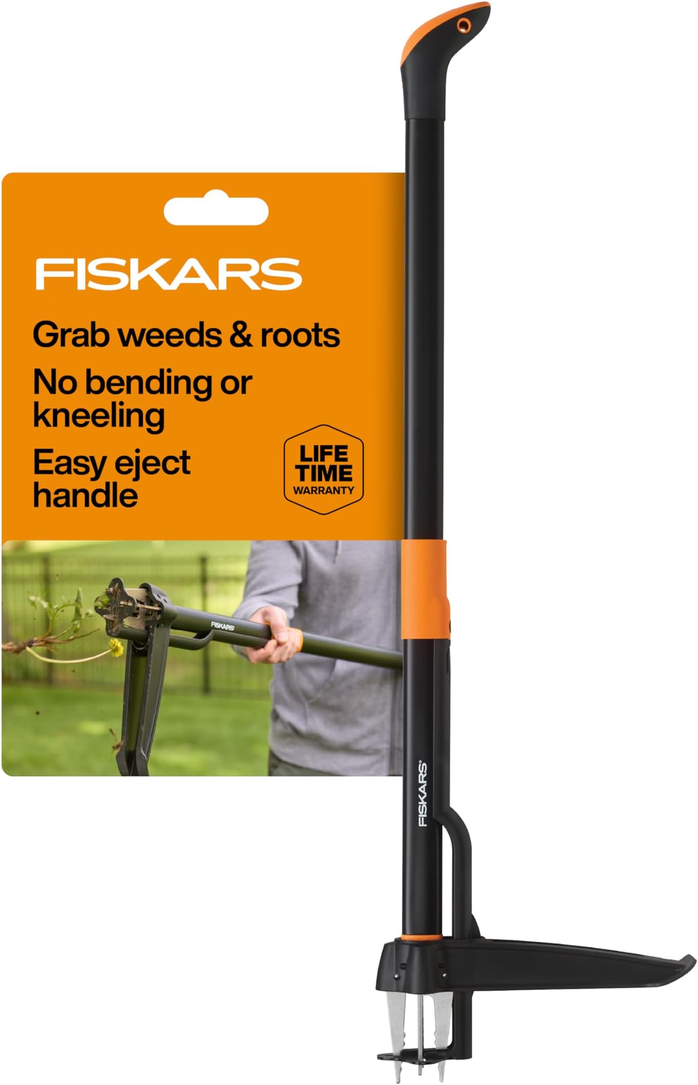 Fiskars Stand-Up Weed Puller Tool, 4 Serrated Stainless Steel Claws Grip Roots for Permanent Removal, Reinforced Foot Platform Penetrates Tough Soil, Easy-Eject & Ergonomic Offset Handle, 39"