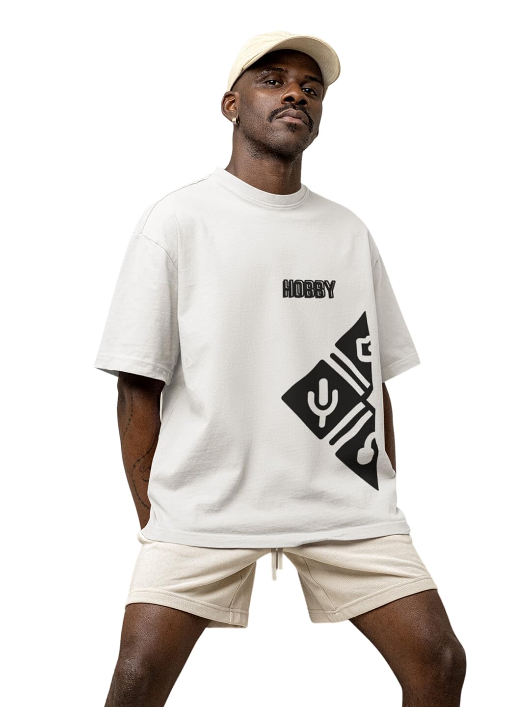 DAFABFITPremium Cotton White Color Half Sleeves Drop Shoulder Round Neck Loose Fit T-Shirt for Men with Graphic Print | White Casual Drop Shoulder T-Shirt for Men